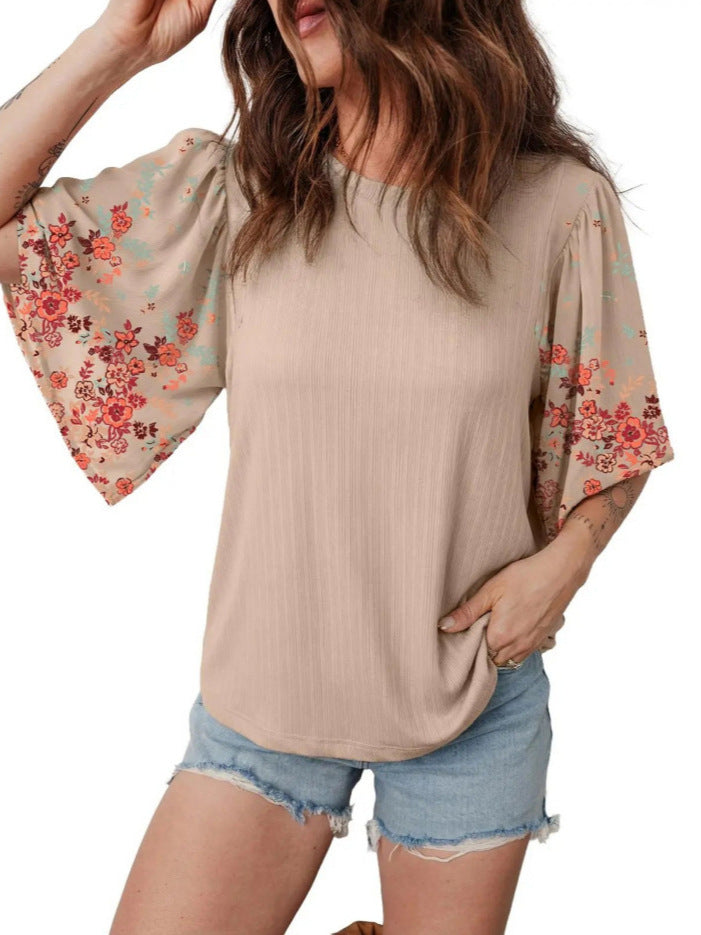 EVALESS 2026 New Women Boho Floral Patchwork Blouse, Crew Neck 3/4 Sleeve Ribbed Loose Stretchy T Shirt, Trendy Spring Summer Casual Tops