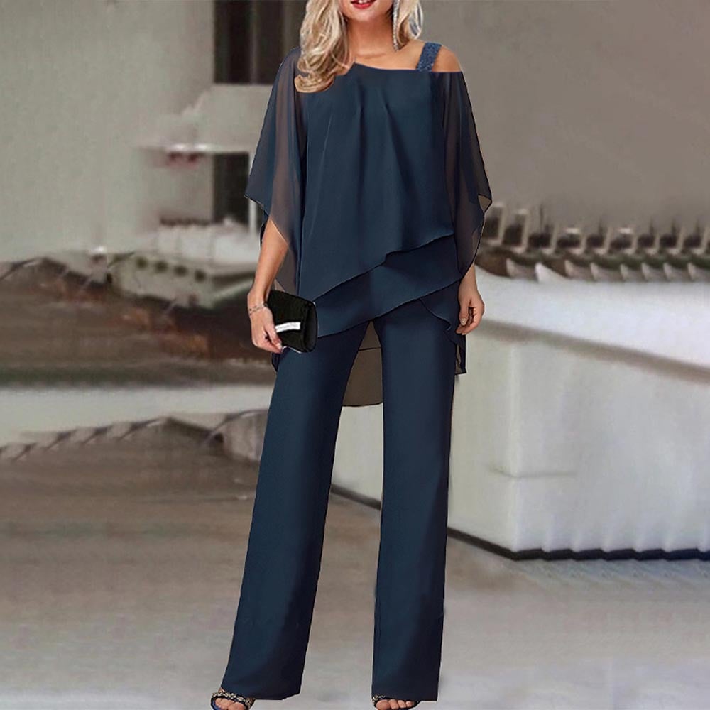 ๐ Elegant Layered Chiffon Top & Wide-Leg Pants Set