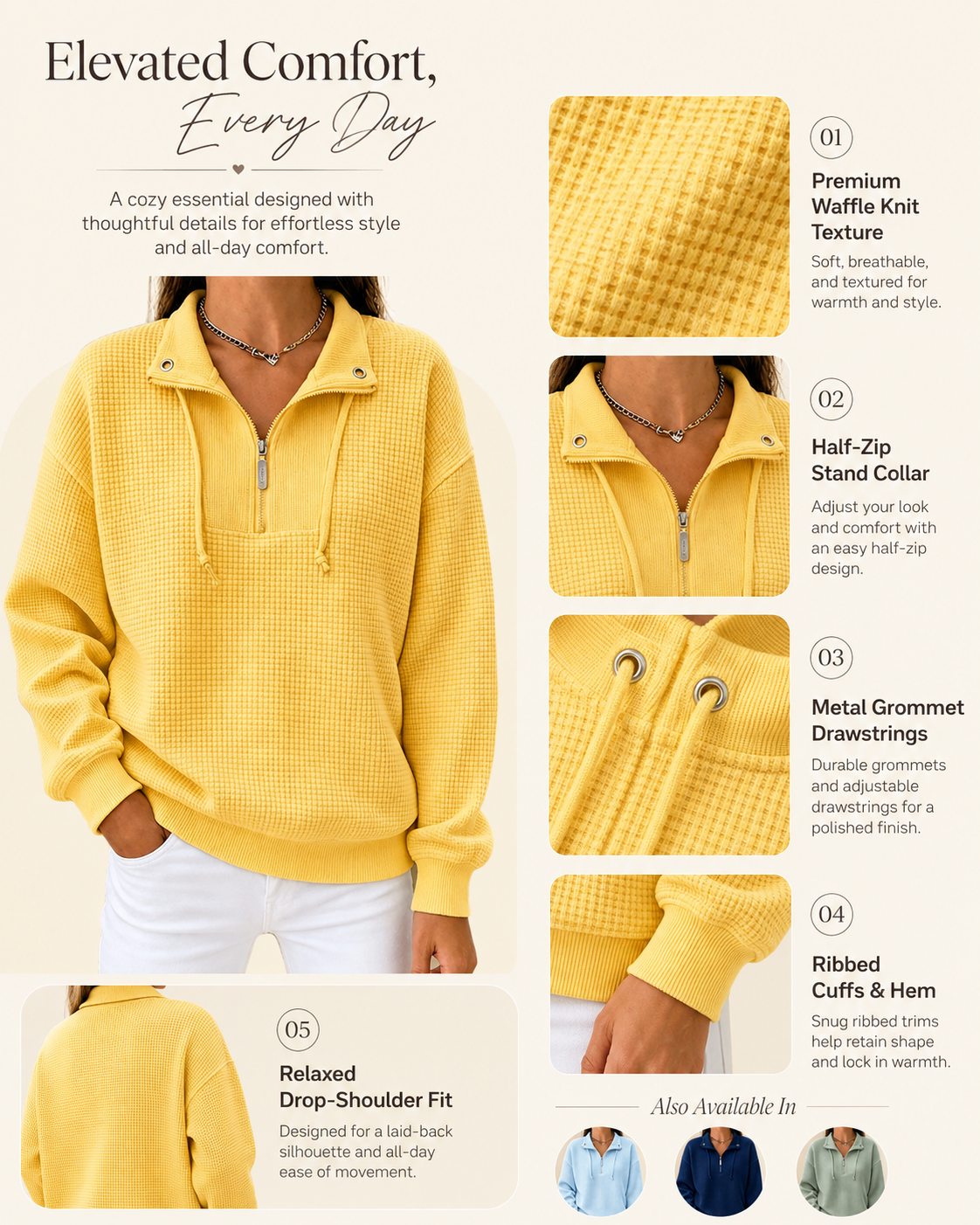 Detailed construction of the waffle knit half zip pullover