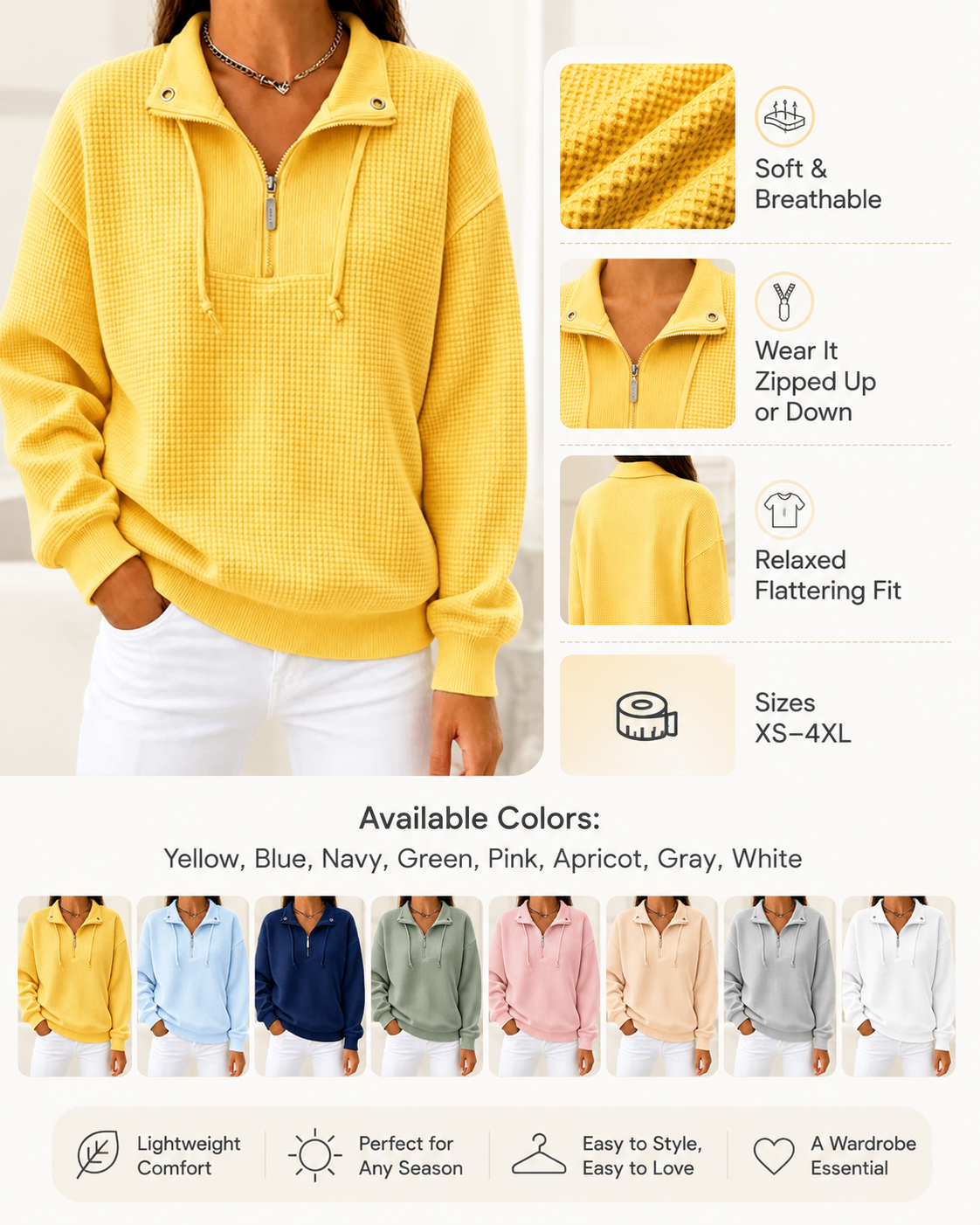 Waffle half-zip pullover features and available colors