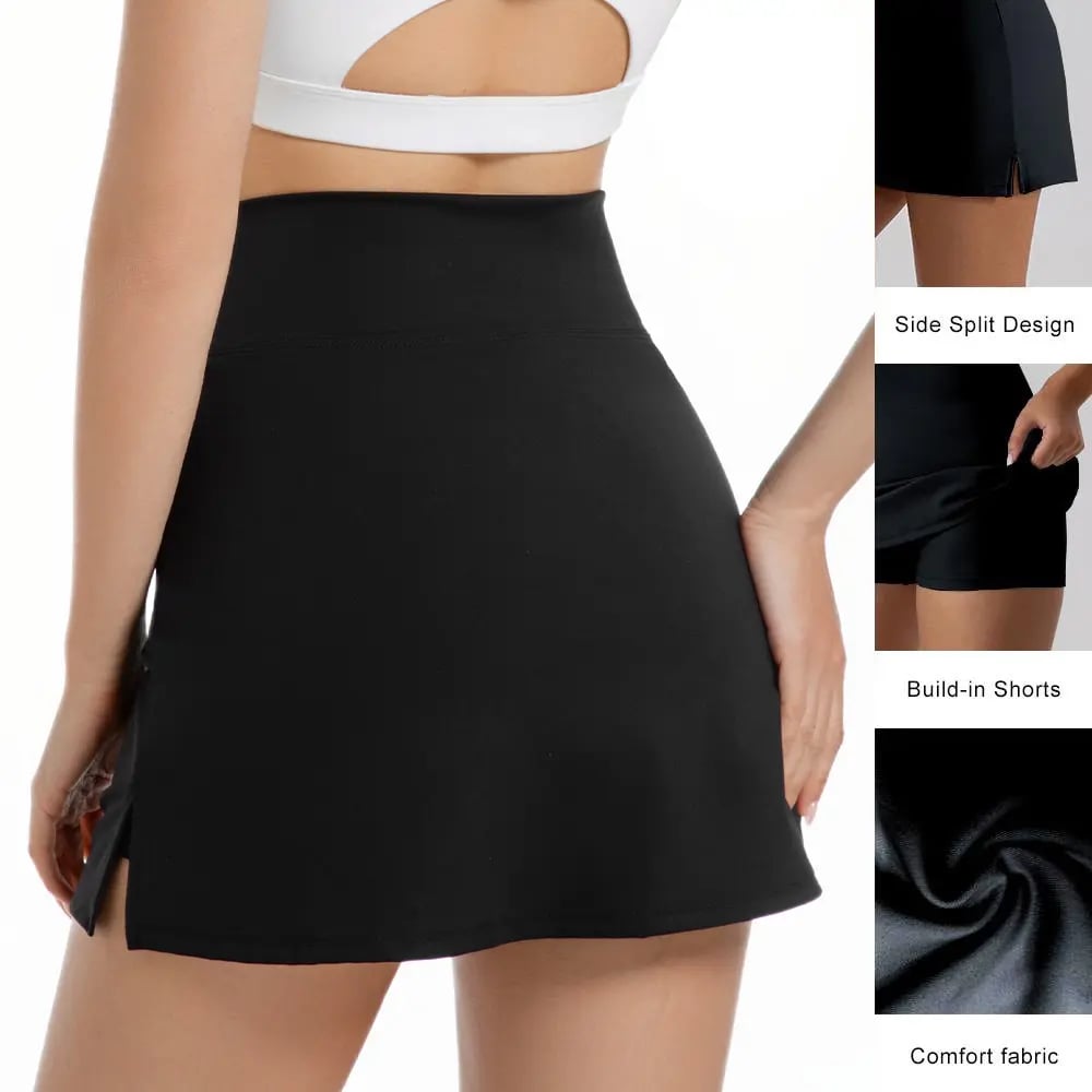 ☁️Women's Solid Color Leopard Stretch High Waist Straight Slit Mini Sports Skirt Short Skirt Breathable Anti-See-through Stretch Pencil Mini Skirt whith shorts Casual Skin Friendly🏃♀️