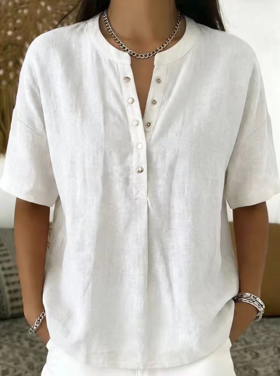 New Arrivals🔥Women's Casual Henley Collar Linen And Cotton Short-sleeve Shirt