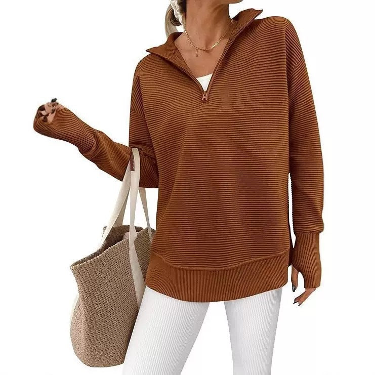 Women's Cozy Quarter-Zip Sweater – Soft Ribbed Knit V-Neck Pullover with Thumb Holes