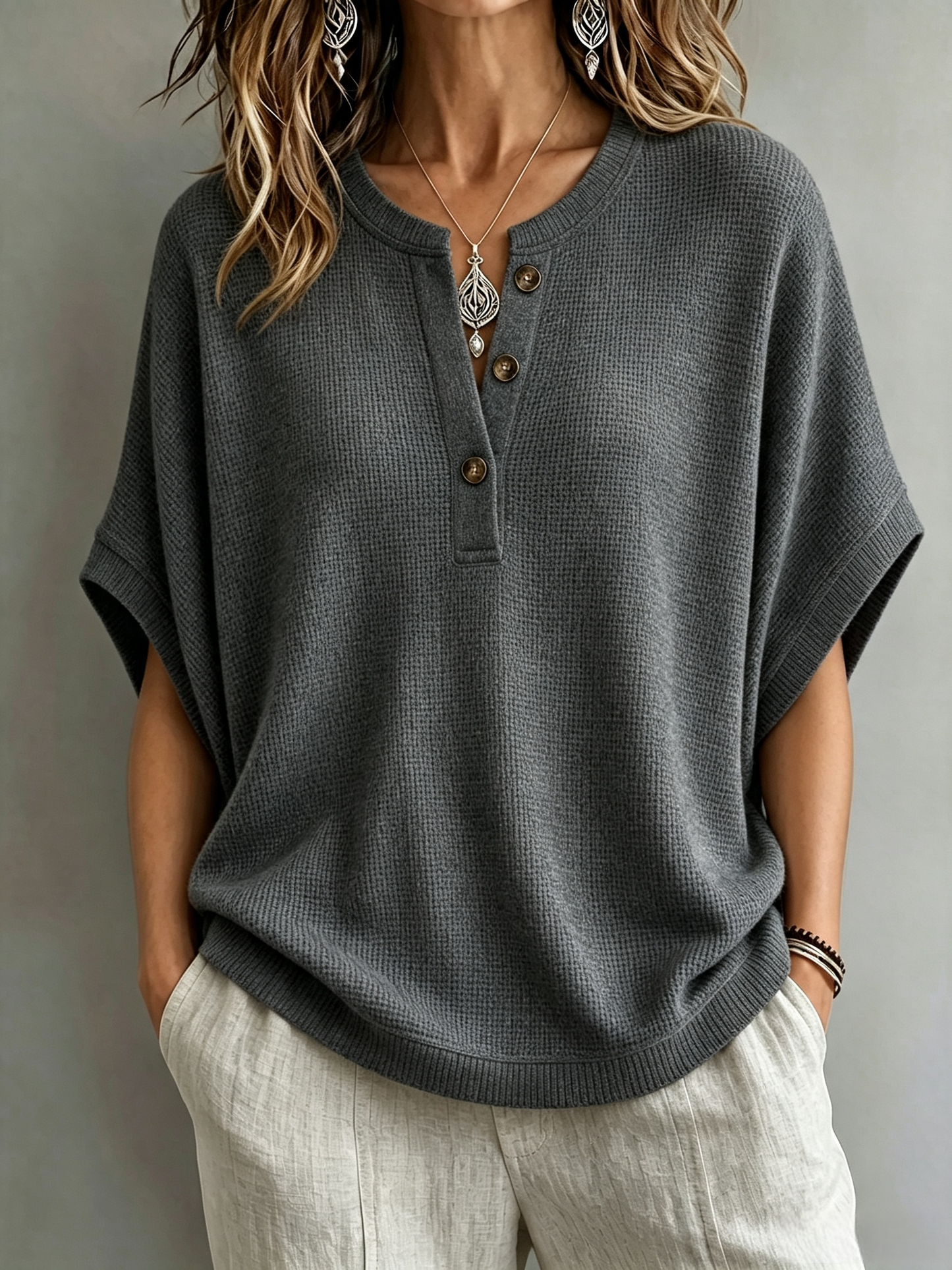 CLEARANCE SALE🔥Women's Waffle Knit Batwing Sleeve Henley Top