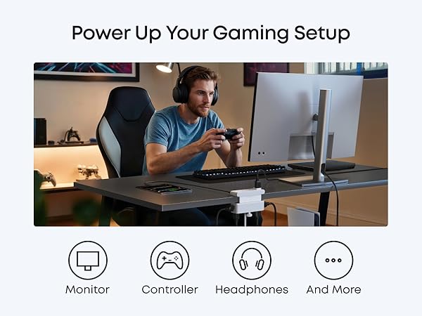 Gaming setup with desk clamp power strip