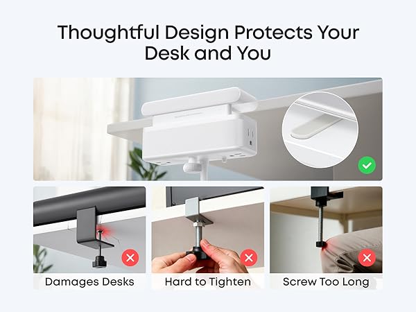 Padded clamp protects the desk surface