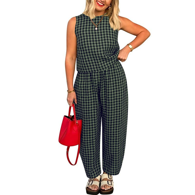 Women's Summer 2 Piece Outfits Plaid Crop Tank Top High Waisted Baggy Ankle Barrel Pants Gingham Lounge Set