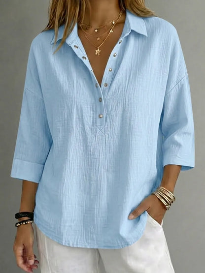 Women's Casual Cottonn Linen Henley 3/4 Sleeve Shirt