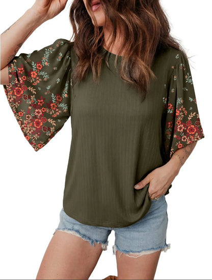 EVALESS 2026 New Women Boho Floral Patchwork Blouse, Crew Neck 3/4 Sleeve Ribbed Loose Stretchy T Shirt, Trendy Spring Summer Casual Tops
