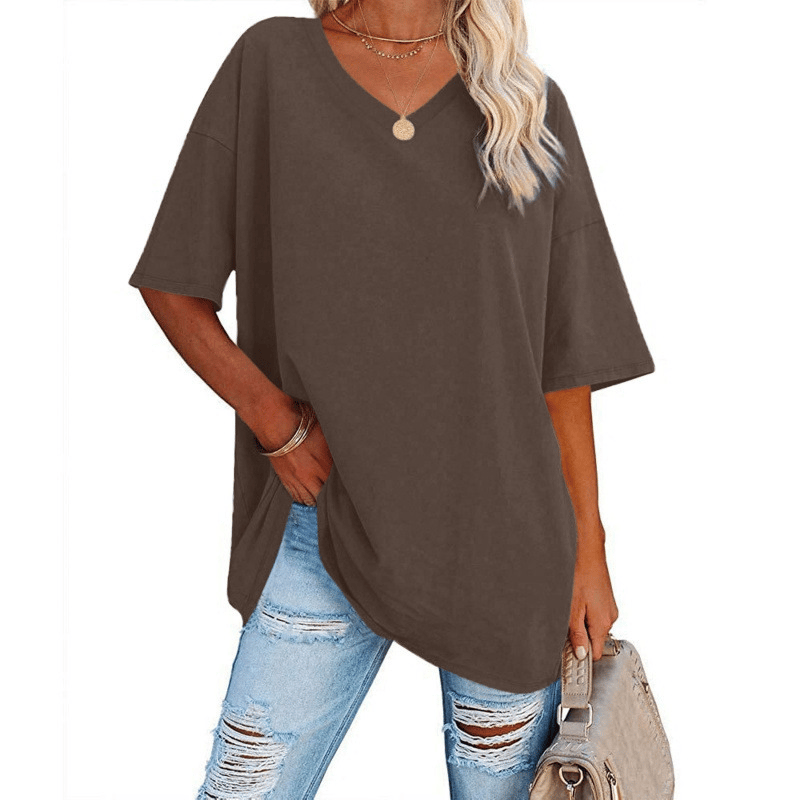 Soft Stretch Cotton Blend Plus Size V-Neck Tees, Oversized Loose Fit Casual Half Sleeve Tunic Shirts, Versatile Basic Wardrobe Staple for Spring Summer Fall Winter
