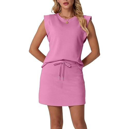 LAST day 49% OFF🔥Women's Summer 2 Piece Skort Set Cap Sleeve Round Neck Top & Tennis Skirt with Pockets for Athletic & Casual