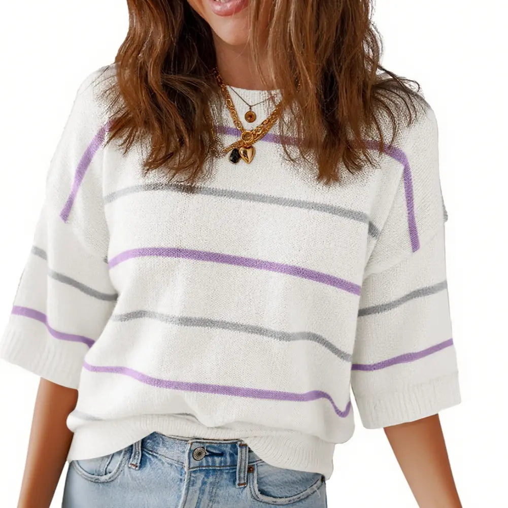 Women's Striped Knit Round Neck Shortsleeve Baggy Pullover 100% Cotton