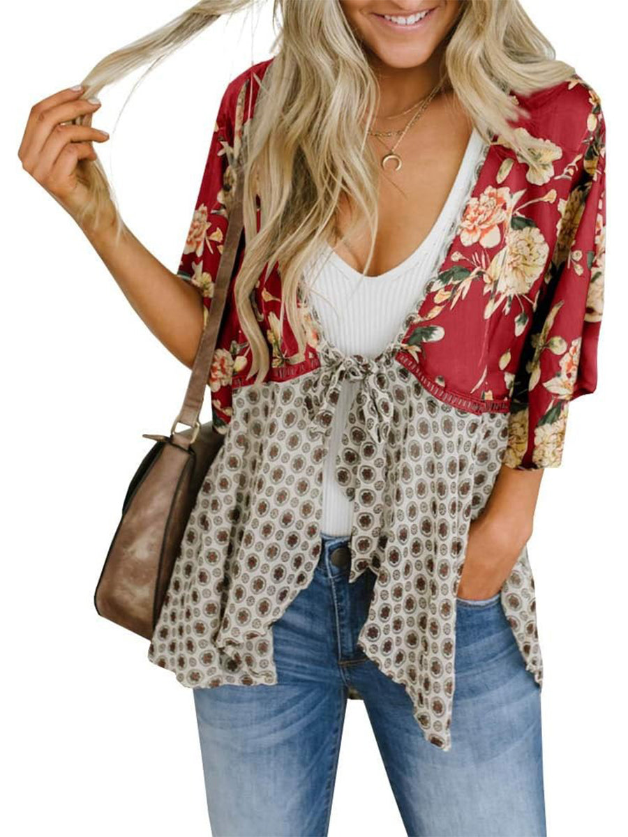 Red floral tie front kimono