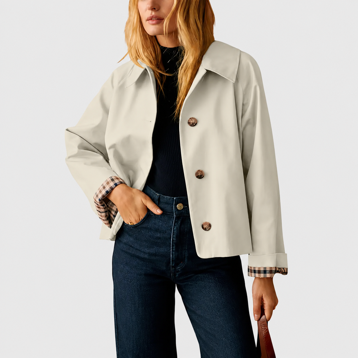 Women’s Cropped Trench Coat – Oversized Casual Jacket with Plaid Lining