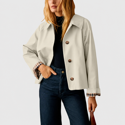 Women’s Cropped Trench Coat – Oversized Casual Jacket with Plaid Lining