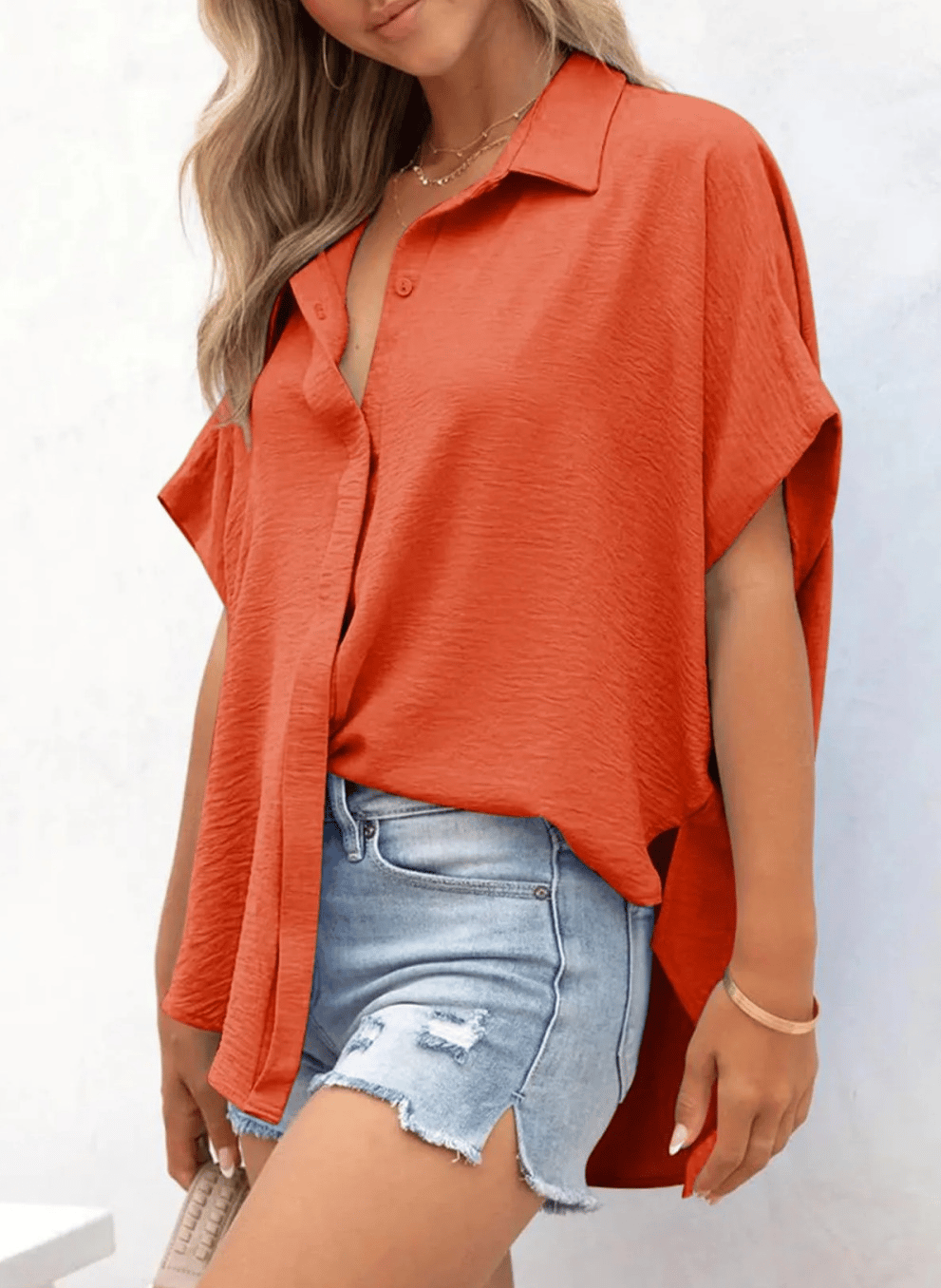 Women's Tops Dressy Casual V Neck Button Down Shirts Solid Short Sleeve Blouses Oversized Fit Batwing Collared Baggy Minimalist Style