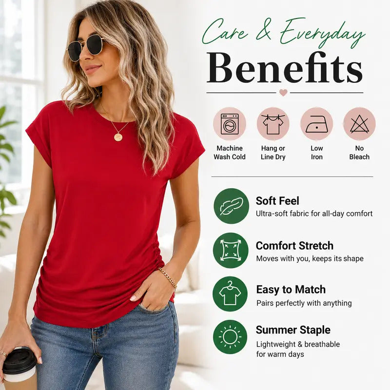 Womens Summer Tops Trendy 2026 Ruched Cap Short Sleeve Tshirts Shirts Crew Neck T Shirts