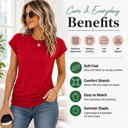 Womens Summer Tops Trendy 2026 Ruched Cap Short Sleeve Tshirts Shirts Crew Neck T Shirts