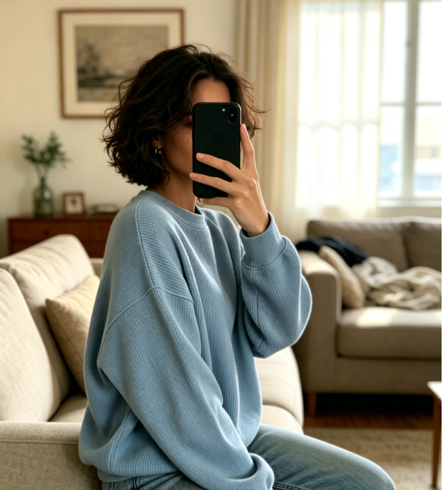 Lightweight knit sweater worn casually