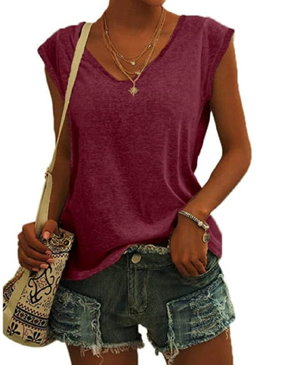 Womens Cap Sleeve Tops V Neck Loose Fit Tshirts