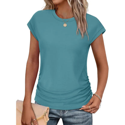 Womens Summer Tops Trendy 2026 Ruched Cap Short Sleeve Tshirts Shirts Crew Neck T Shirts