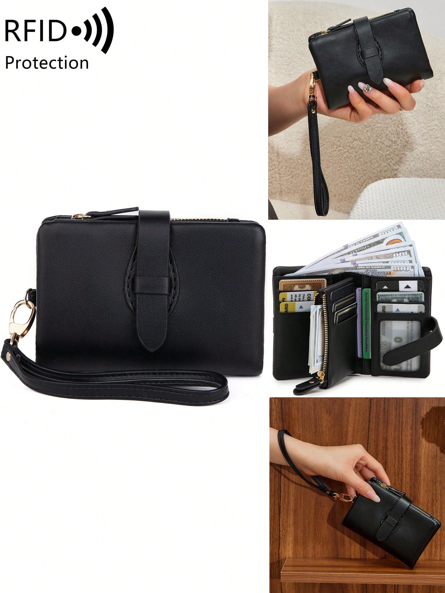 Black RFID wallet showing full capacity with banknotes cards and wrist strap