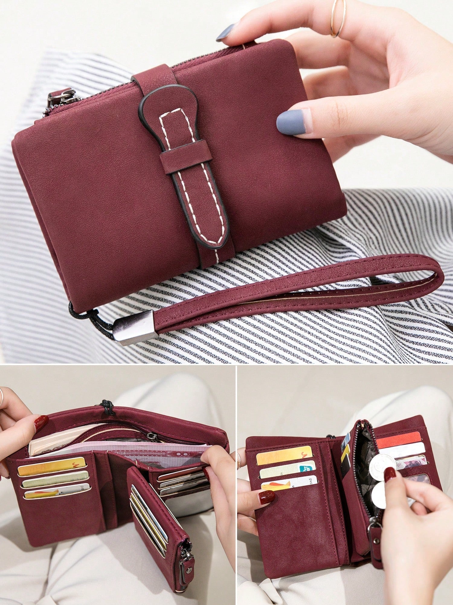 Wine red compact wallet shown closed and opened with multiple cards and coins