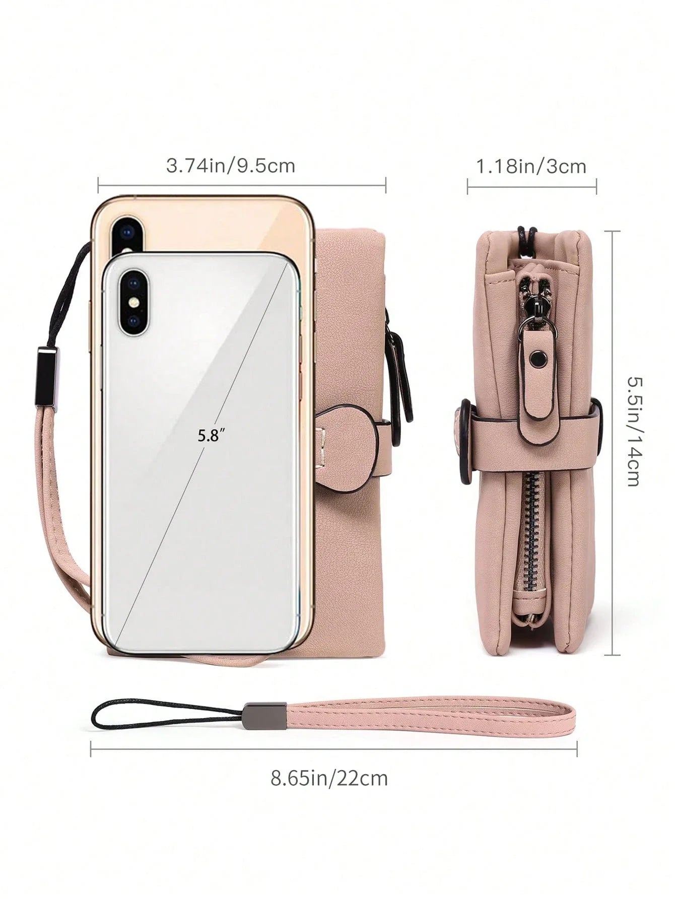 Classic wallet dimensions 9.5 cm wide 14 cm tall 3 cm deep and 22 cm wrist strap