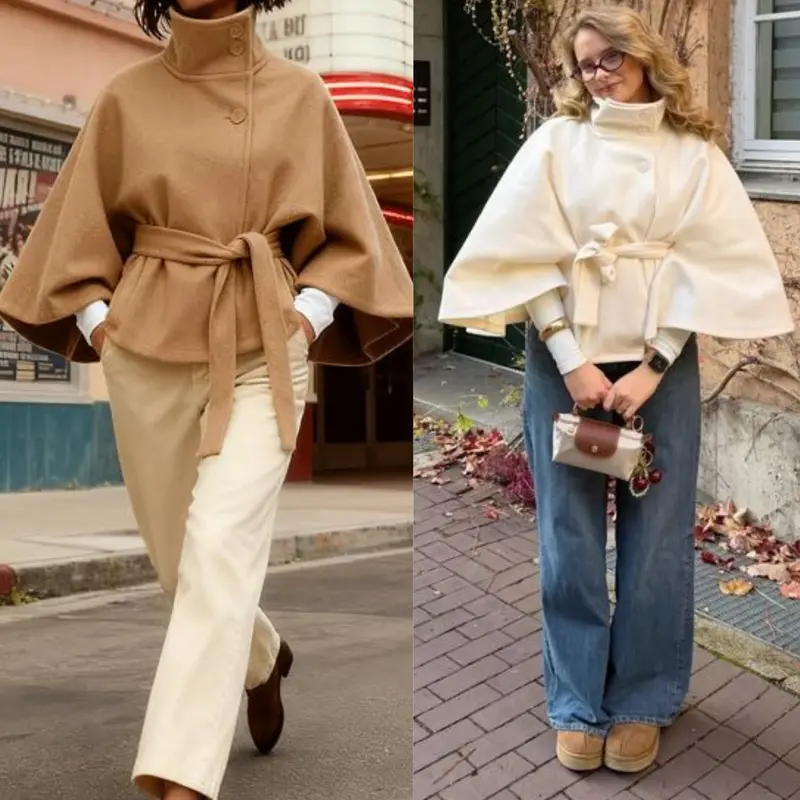 Khaki and white poncho coats styled with wide leg pants