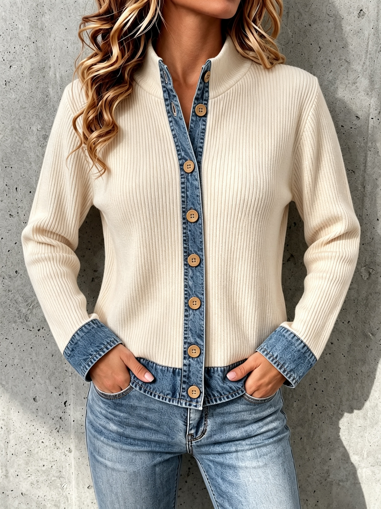 CLEARANCE SALE🔥Women's Denim-paneled Knit Cardigan