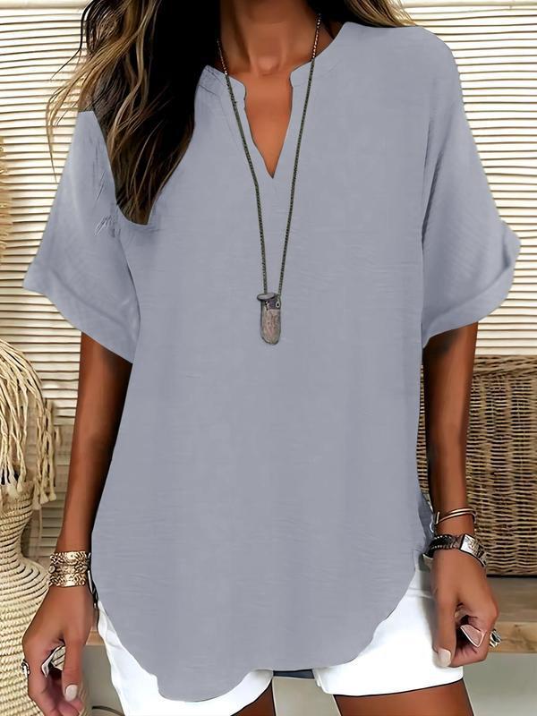 🔥New Arrival 50% OFF🔥Women's Plain Short Sleeve Blouse, Casual Solid Color Top for Daily Wear, Ladies Clothes for All Seasons