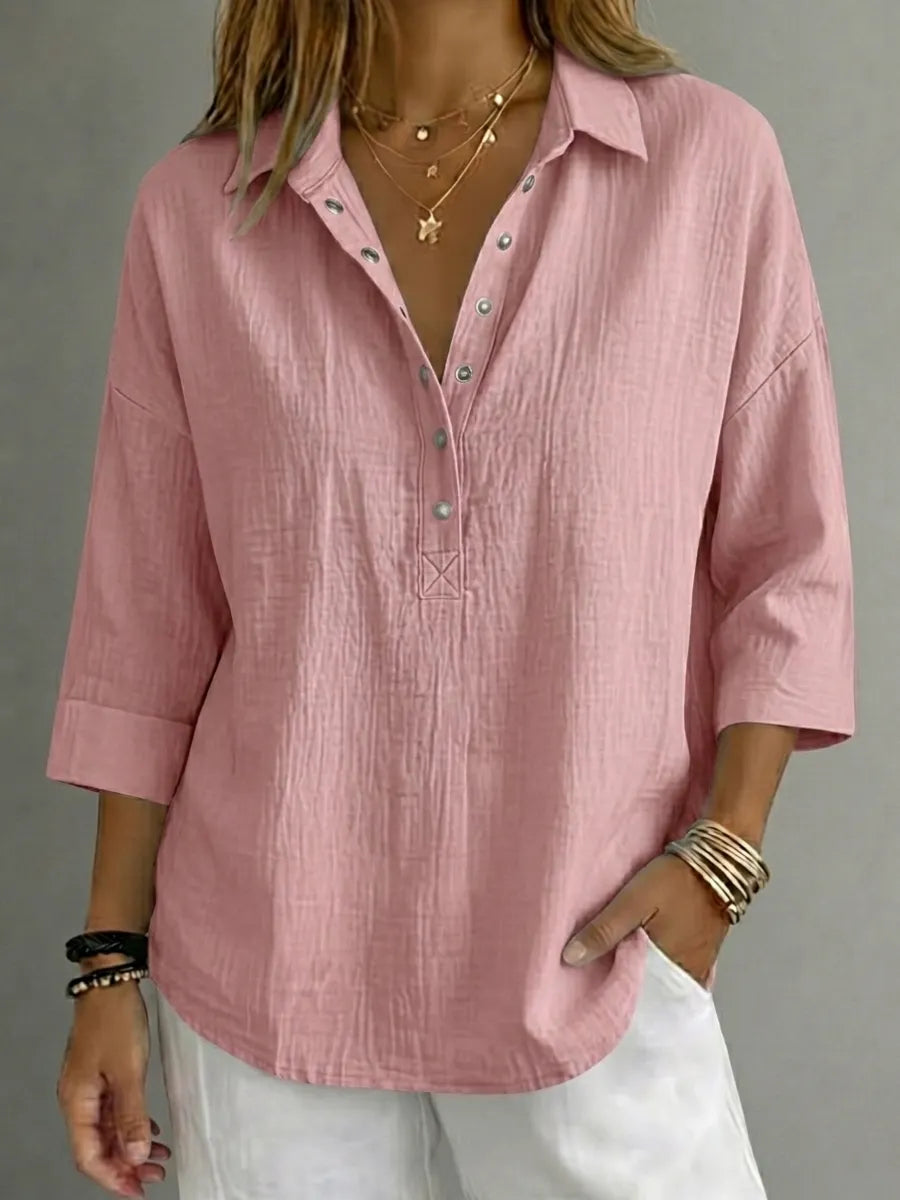 Women's Casual Cottonn Linen Henley 3/4 Sleeve Shirt