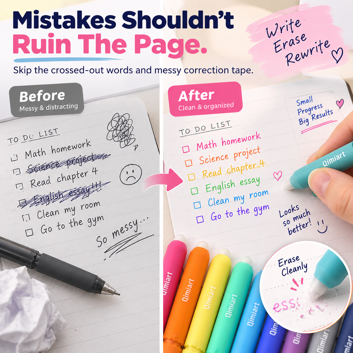 Before and after erasable gel pen correction