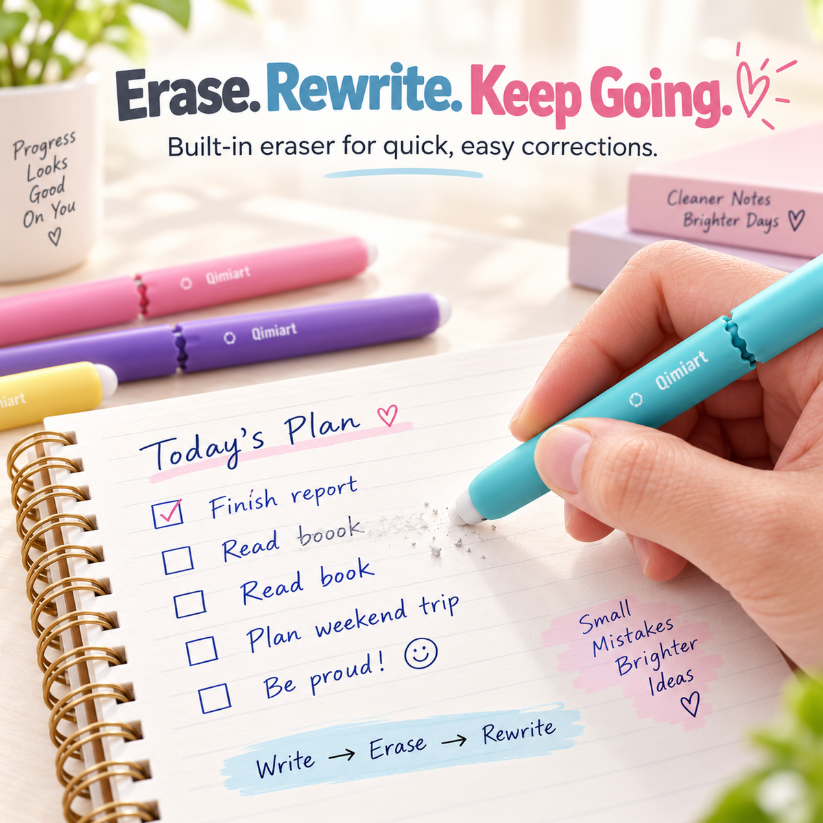 Built-in eraser tip removing gel ink