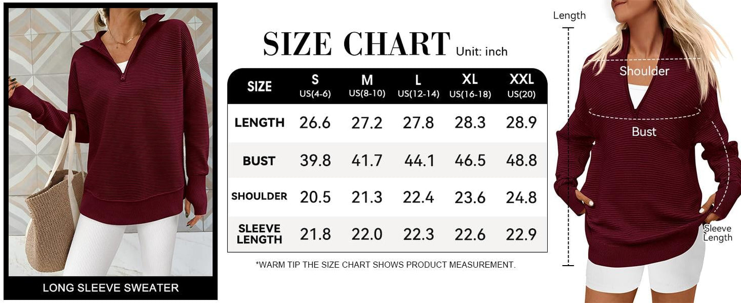 Women's Cozy Quarter-Zip Sweater – Soft Ribbed Knit V-Neck Pullover with Thumb Holes