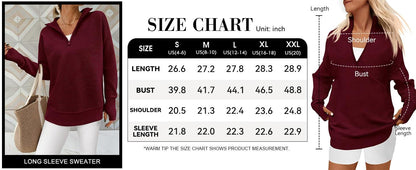 Women's Cozy Quarter-Zip Sweater – Soft Ribbed Knit V-Neck Pullover with Thumb Holes