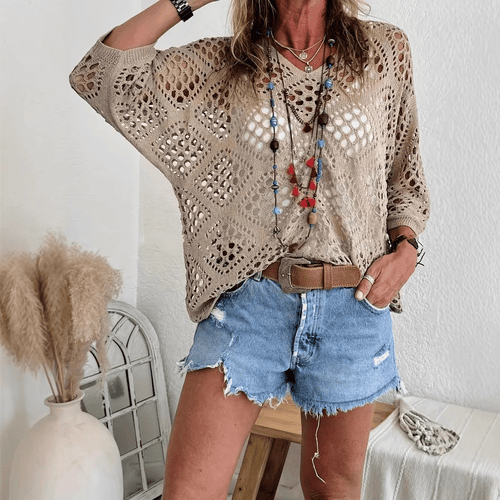 🔥Summer 2026 Best Sellers🔥-Women's Bohemian-Inspired Beige Crochet Top with V-Neck