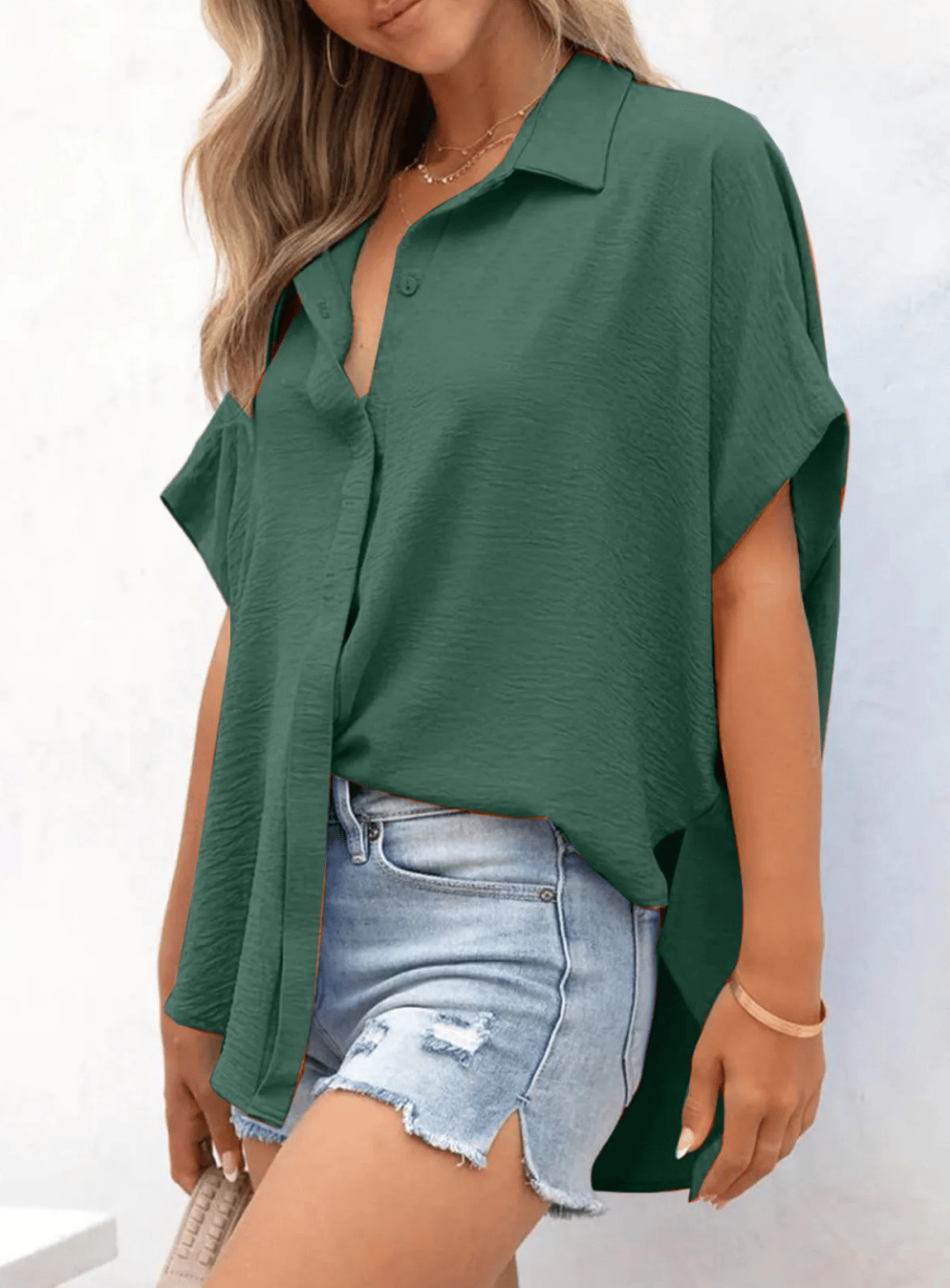 Women's Tops Dressy Casual V Neck Button Down Shirts Solid Short Sleeve Blouses Oversized Fit Batwing Collared Baggy Minimalist Style