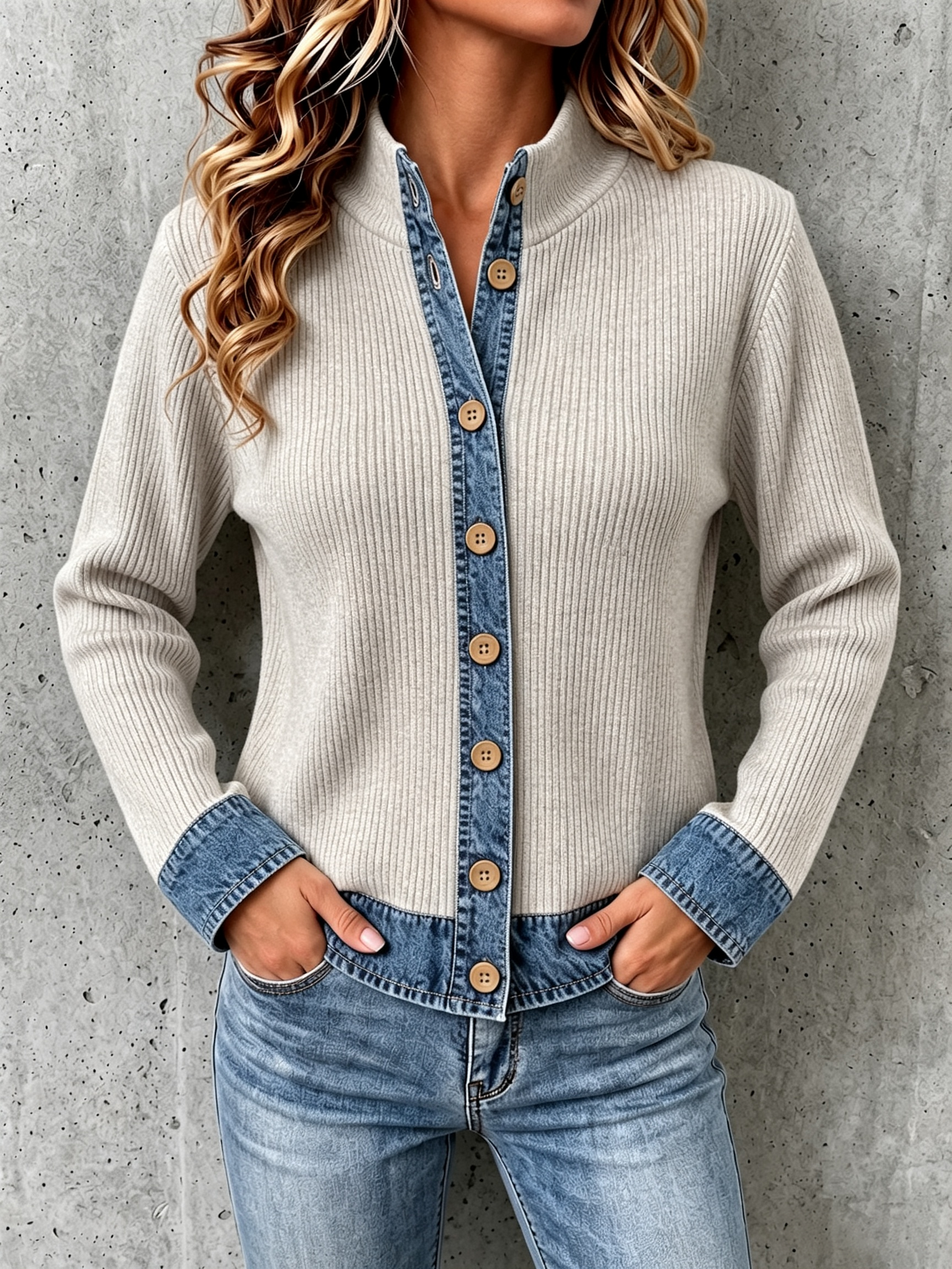 CLEARANCE SALE🔥Women's Denim-paneled Knit Cardigan