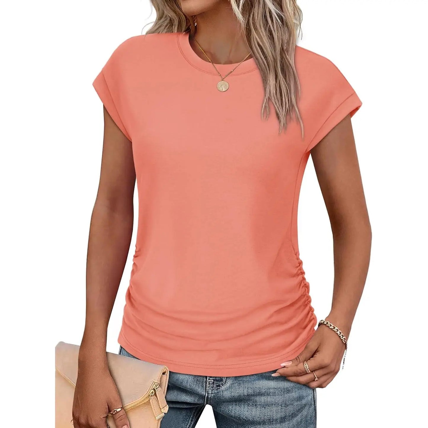 Womens Summer Tops Trendy 2026 Ruched Cap Short Sleeve Tshirts Shirts Crew Neck T Shirts