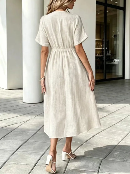 Women'S V-Neck Loose-Fitting Comfortable Long Solid Color Short-Sleeved Dress