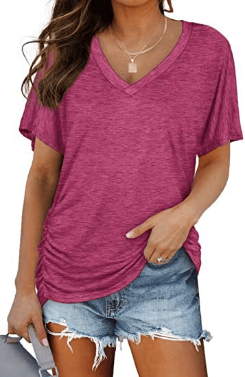 🔥LAST DAY 49% OFF-2026 New Women's Short Sleeve V-Neck Dolman Top, Soft Breathable Loose Fit Shirt with Side Waist Shirring, Versatile Casual Everyday Blouse