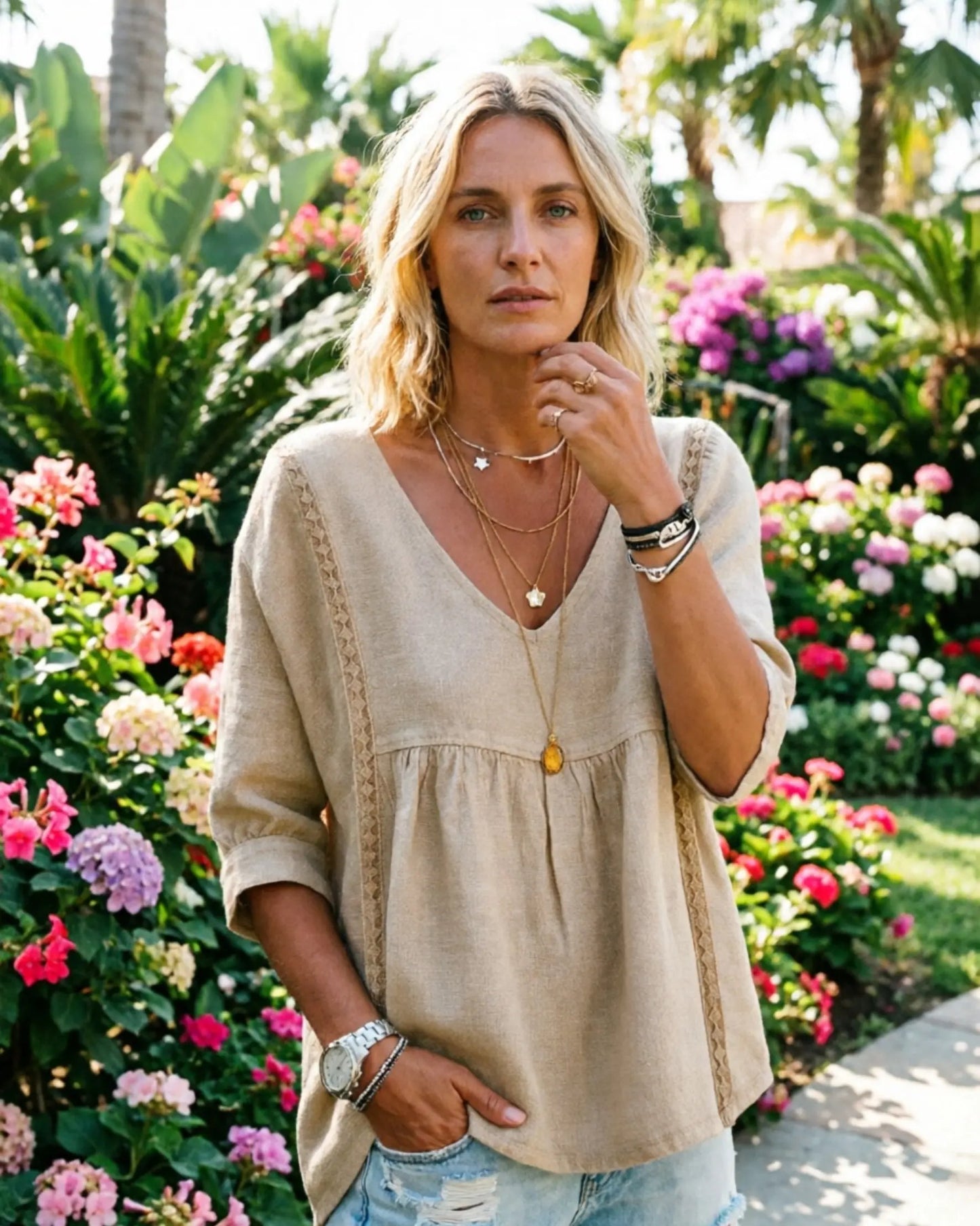 ✨ Women's Elegant V-Neck Lace Blouse | 3/4 Puff Sleeves & Side Lace Details | Loose Fit Bohemian Top for Office & Casual Wear