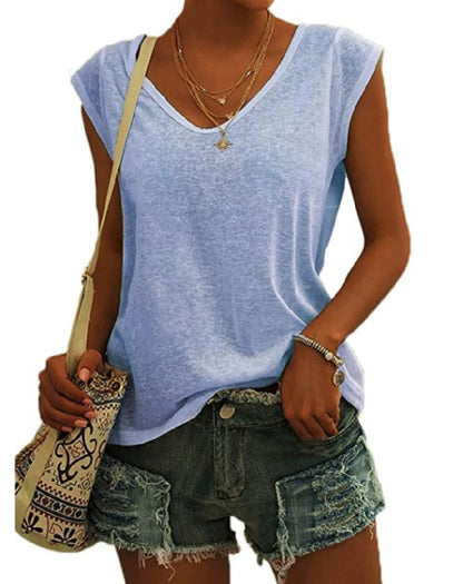 Womens Cap Sleeve Tops V Neck Loose Fit Tshirts