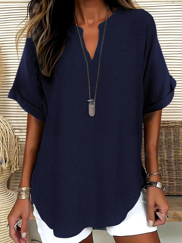 🔥New Arrival 50% OFF🔥Women's Plain Short Sleeve Blouse, Casual Solid Color Top for Daily Wear, Ladies Clothes for All Seasons