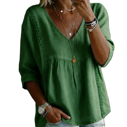 ✨ Women's Elegant V-Neck Lace Blouse | 3/4 Puff Sleeves & Side Lace Details | Loose Fit Bohemian Top for Office & Casual Wear