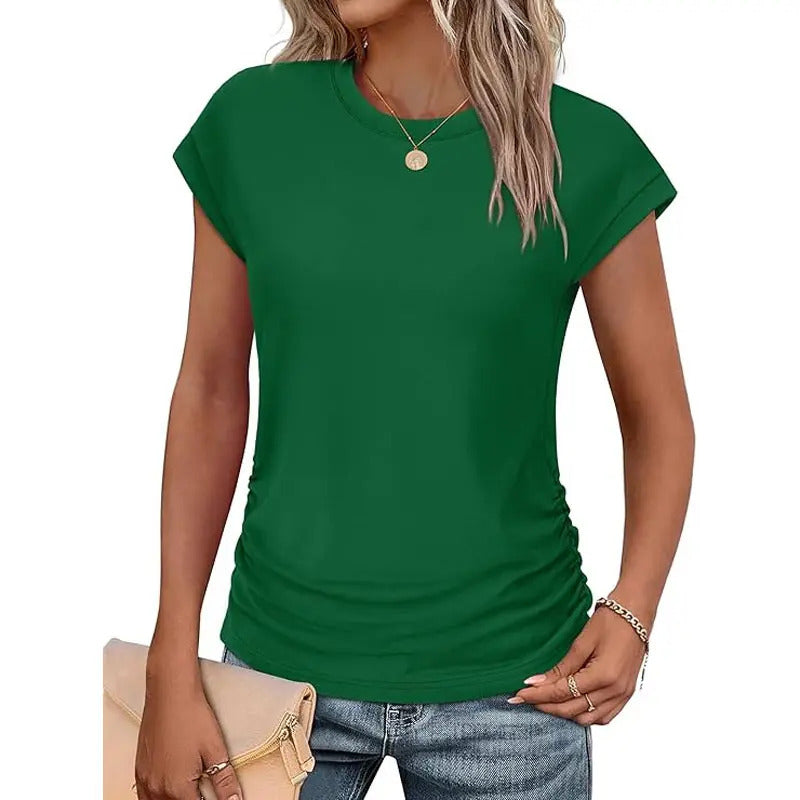 Womens Summer Tops Trendy 2026 Ruched Cap Short Sleeve Tshirts Shirts Crew Neck T Shirts