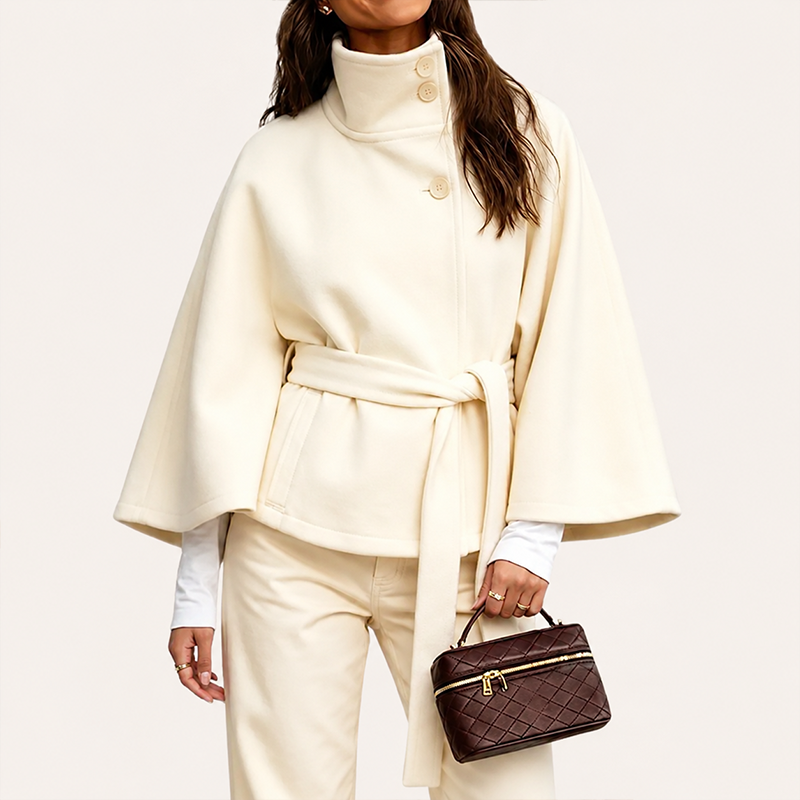 White belted wool blend poncho cape coat