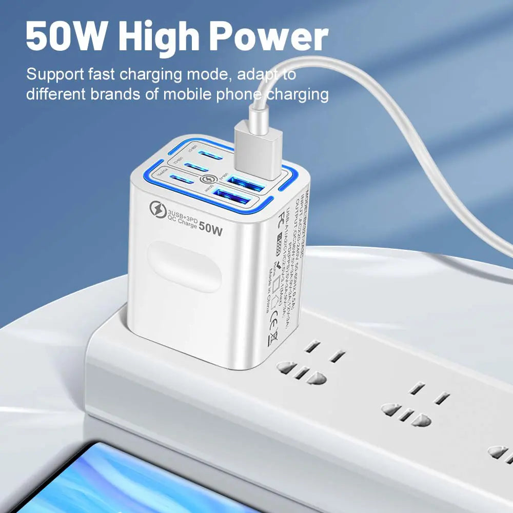 50W Portable 6-Port USB C & USB A Square Charging Station