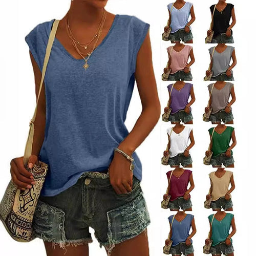 Womens Cap Sleeve Tops V Neck Loose Fit Tshirts